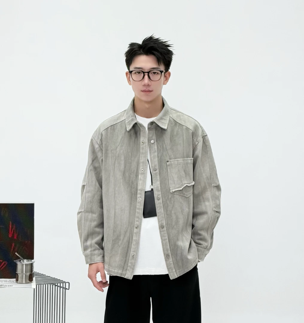 秋季美式复古洗水扎染全棉男士宽松百搭廓形衬衣衬衫605
