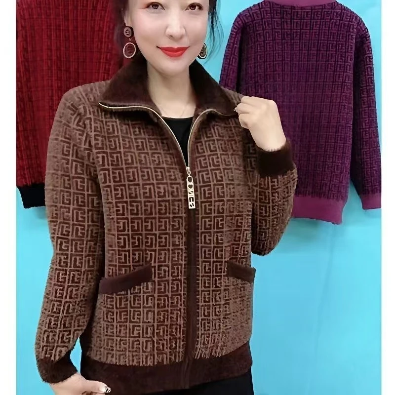 中老年秋冬新款妈妈双面仿水貂绒外套时尚翻领拉链女加厚针织开衫