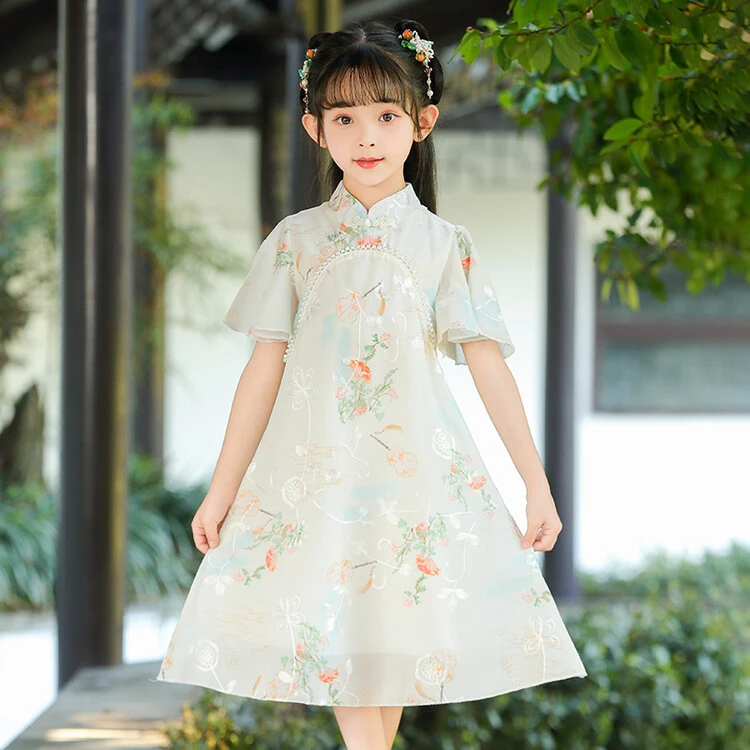 女童夏装汉服裙子新款中国风连衣裙蝴蝶袖国风六一表演服旗袍裙子