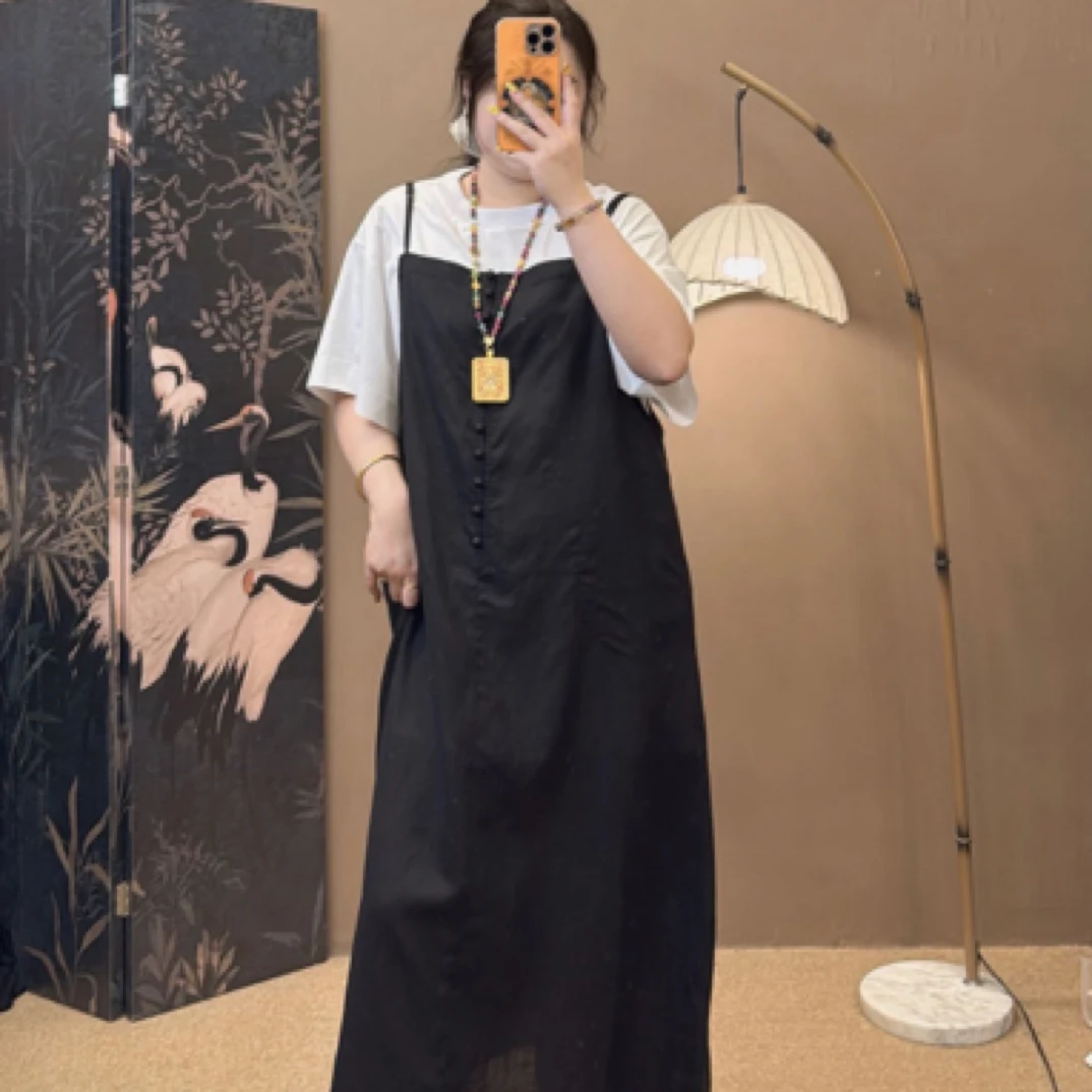 慵懒风亚麻背带长裙（不含半袖）