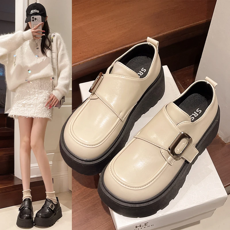 厚底黑色魔术贴休闲增高圆头鞋子透气乐福鞋日系百搭防滑休闲鞋