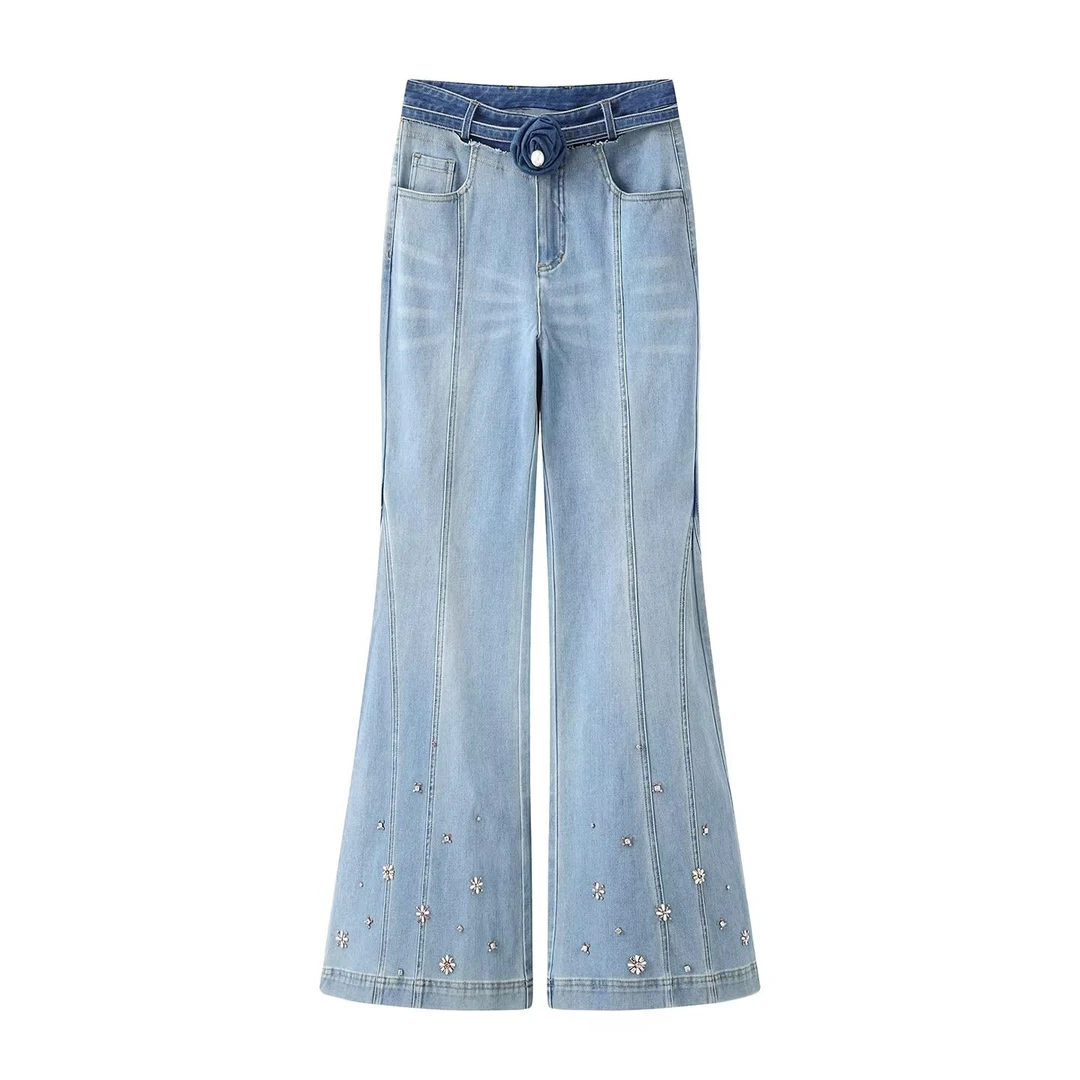张靓颖同款牛仔裤莱赛尔夏季休闲花朵腰带显瘦钉珠微喇蓝色长裤女
