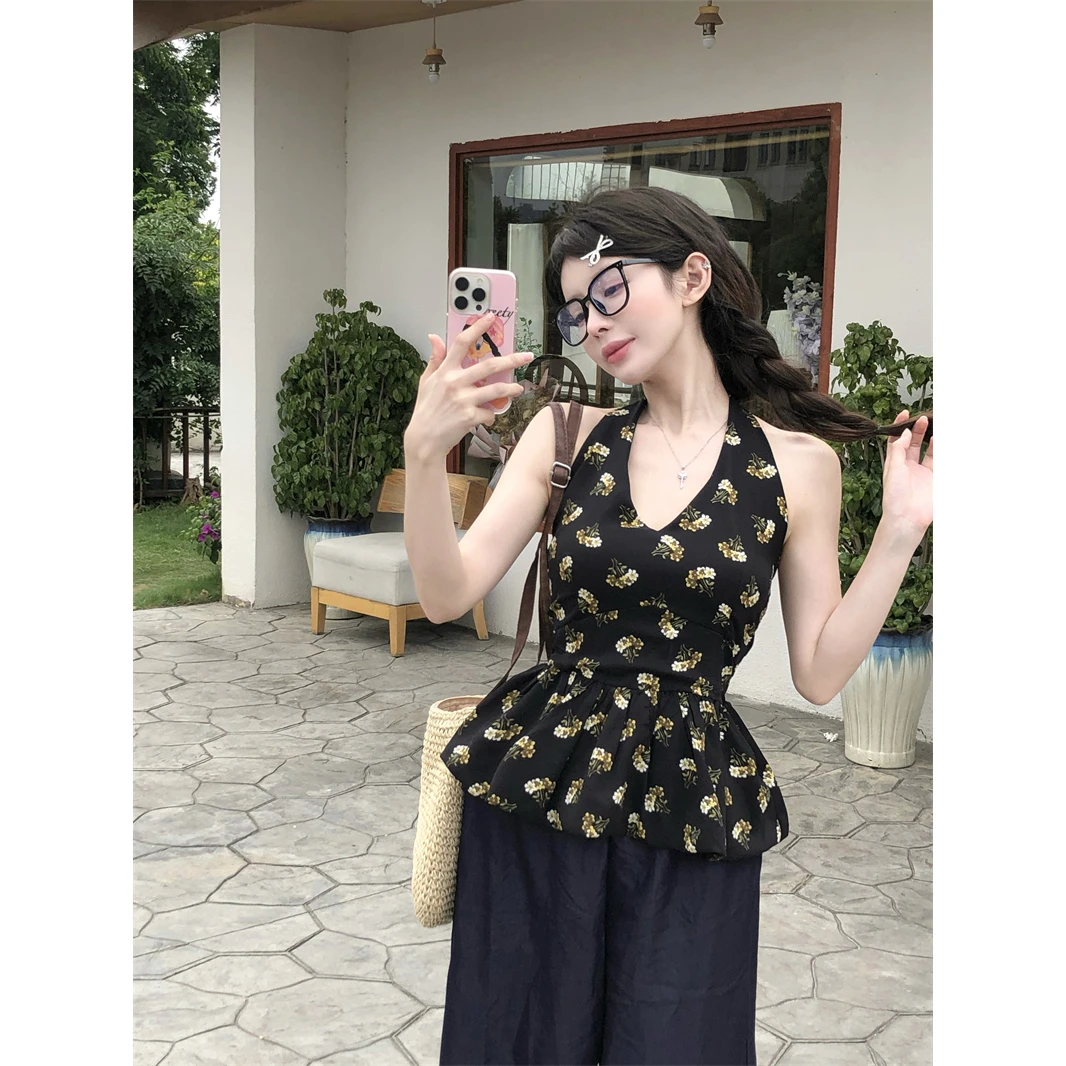 La Chapelle/拉夏贝尔碎花无袖系带挂脖背心收腰显瘦辣妹V领上衣