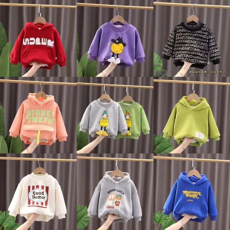 宝宝冬季加绒加厚卫衣男童女童洋气套头连帽长袖保暖冬装卡通上衣