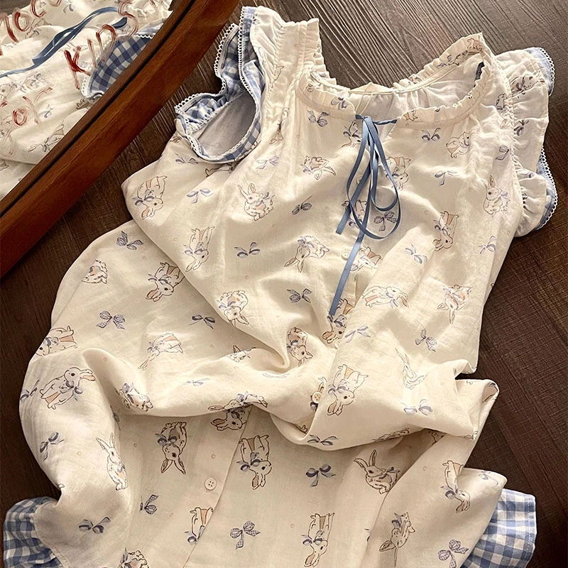 纯欲少女兔子印花甜美睡裙女夏季2025新款设计感大码公主风居家裙