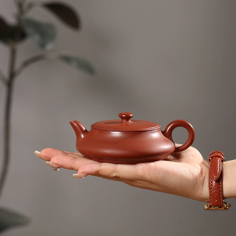 潮州原矿朱泥纯手工手拉虚扁壶三杯章湘煌手作工夫茶具超薄朱泥壶