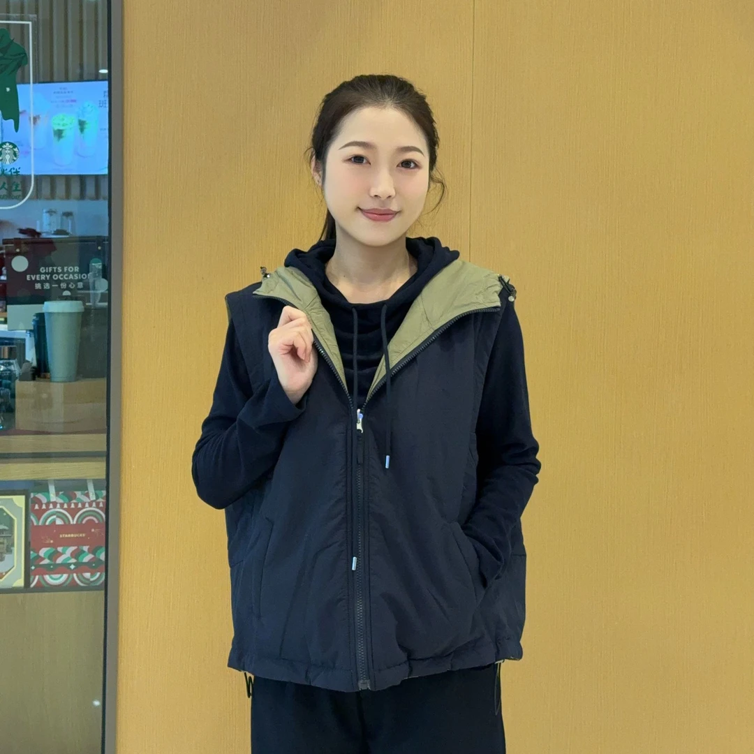 秋冬女士户外风两面穿撞色加棉连帽马甲
