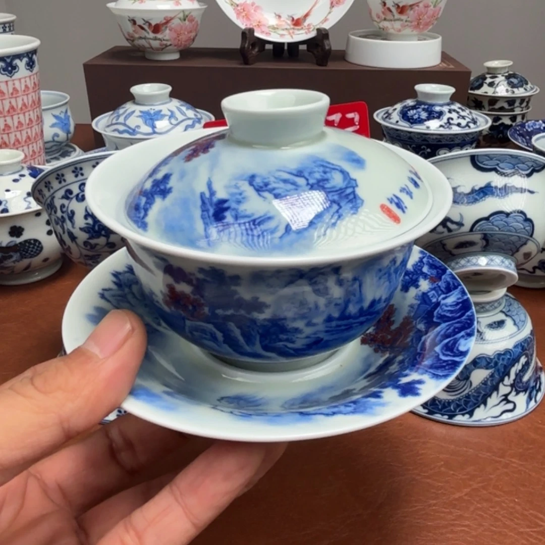 陶摆件微瑕山水三才盖碗景德镇发货