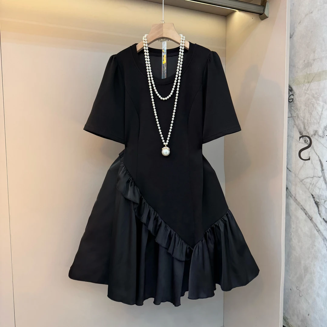 韩系宽松木耳花边拼接设计款甜美减龄时尚简约显瘦短袖百搭连衣裙