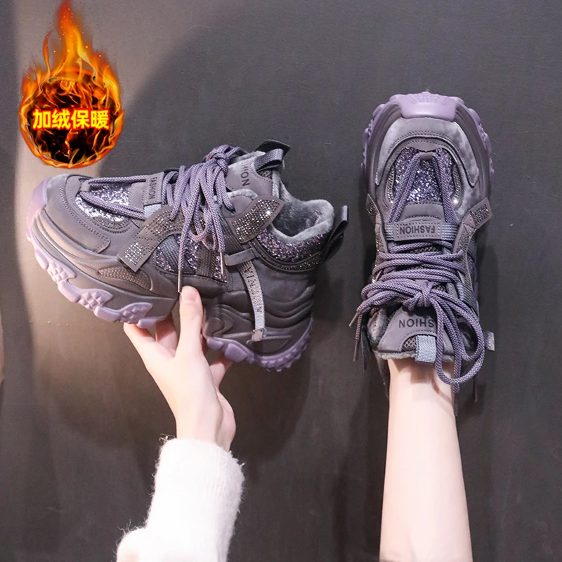 【C-高帮】网红时尚亮片气质鞋子加绒老爹鞋女百搭高颜值厚底休闲鞋