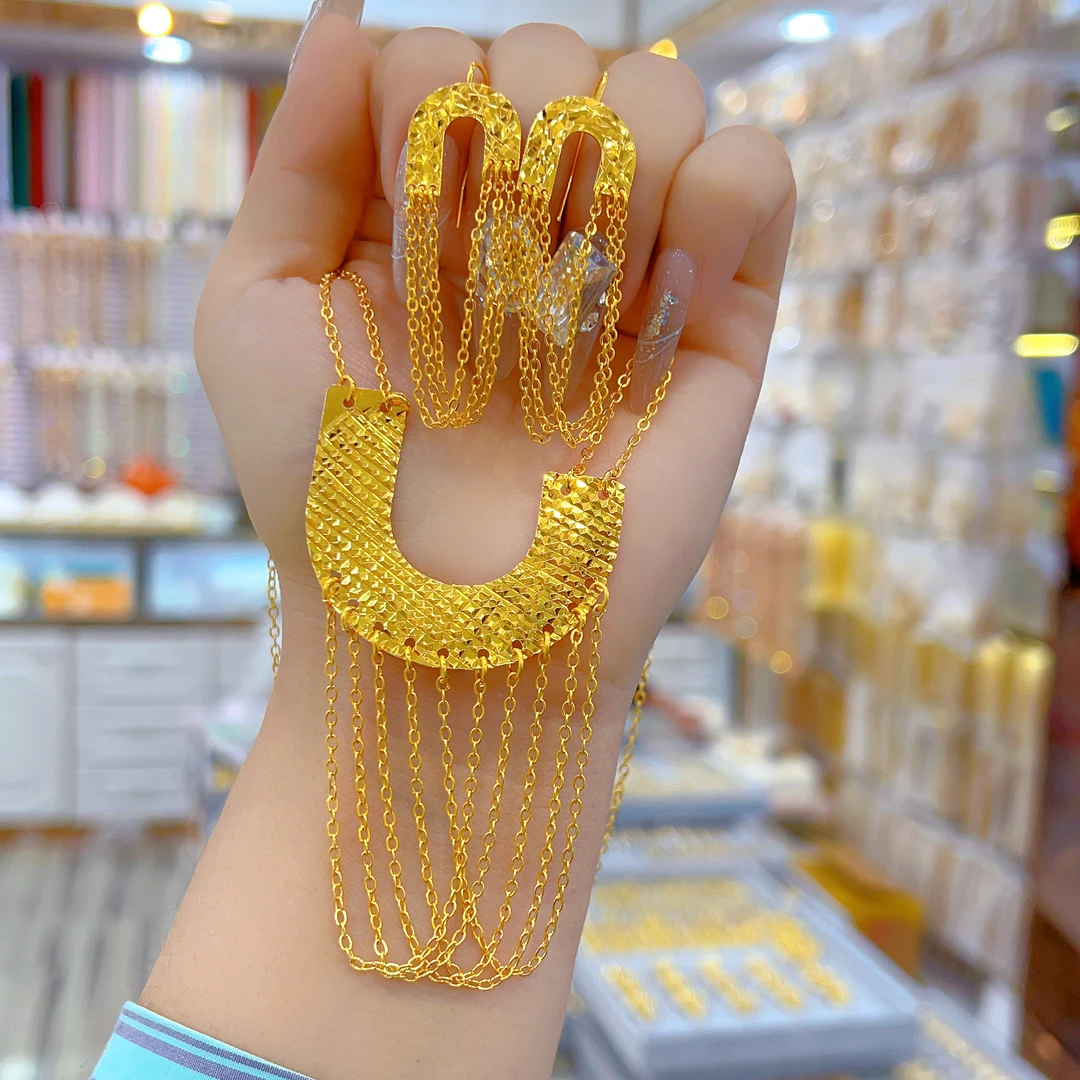 铜合金项链 伊帕尔阿依新款时尚百搭气质两件套 项链 耳环 戒指