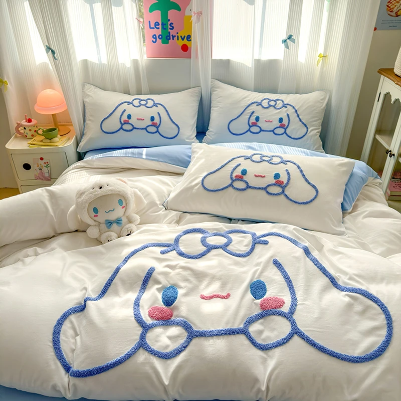 夏季水洗棉宿舍长耳朵狗狗儿童三件套云朵毛巾绣床品床笠四件套