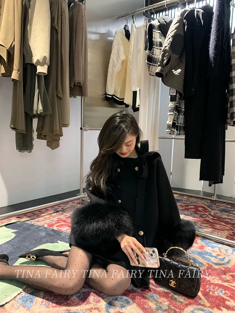 tina/“富贵花”毛呢外套秋冬金扣蝴蝶结大毛领羊毛千金大衣