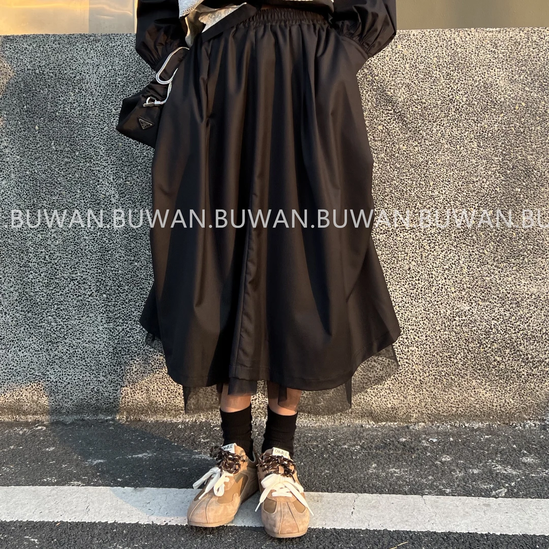 BUWAN【落日】小众拼网纱百搭黑色褶皱半身裙2036