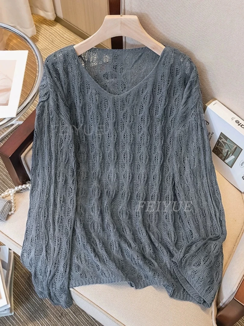 艺术感镂空钩花 慵懒长袖上衣女针织衫早春季轻薄绵羊毛韩版小衫