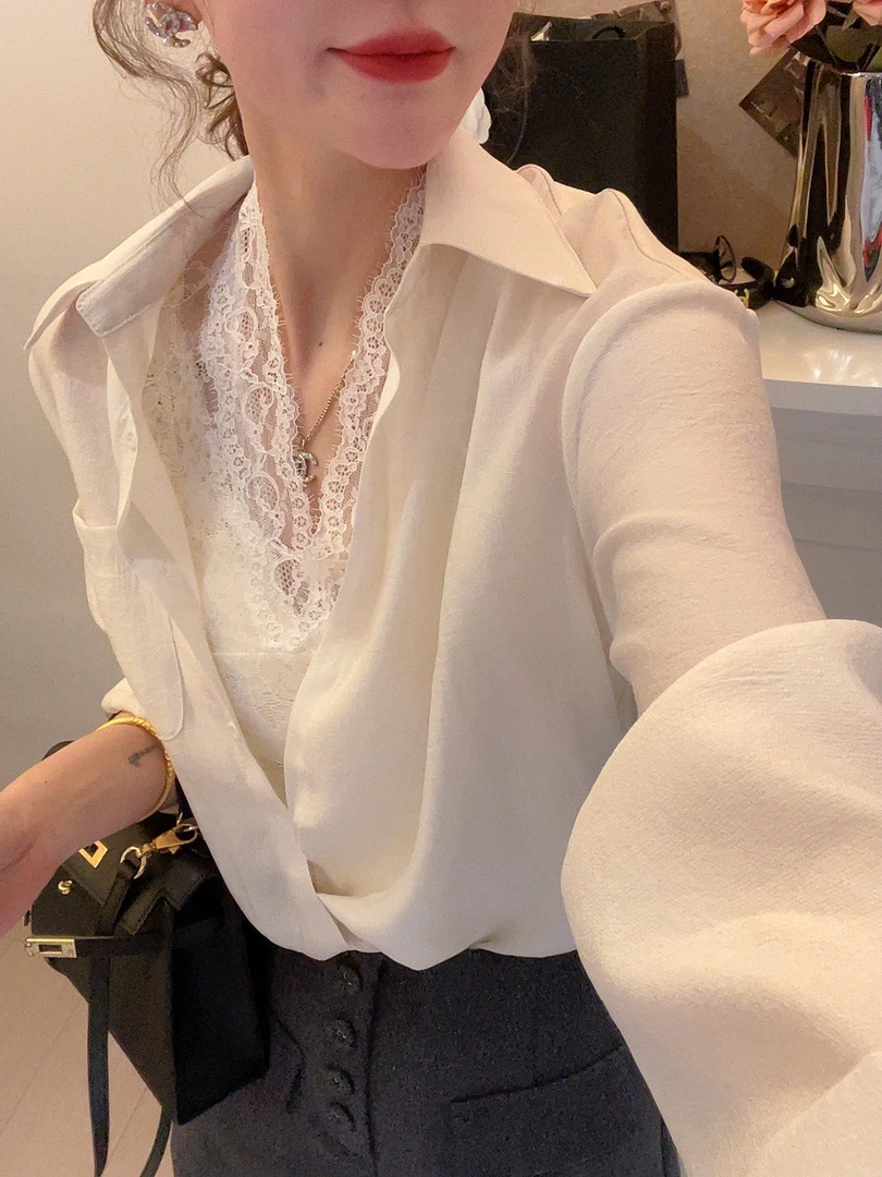 老赵服饰 早春款洋气衬衫➕蕾丝内搭两件套套装 21AU3114