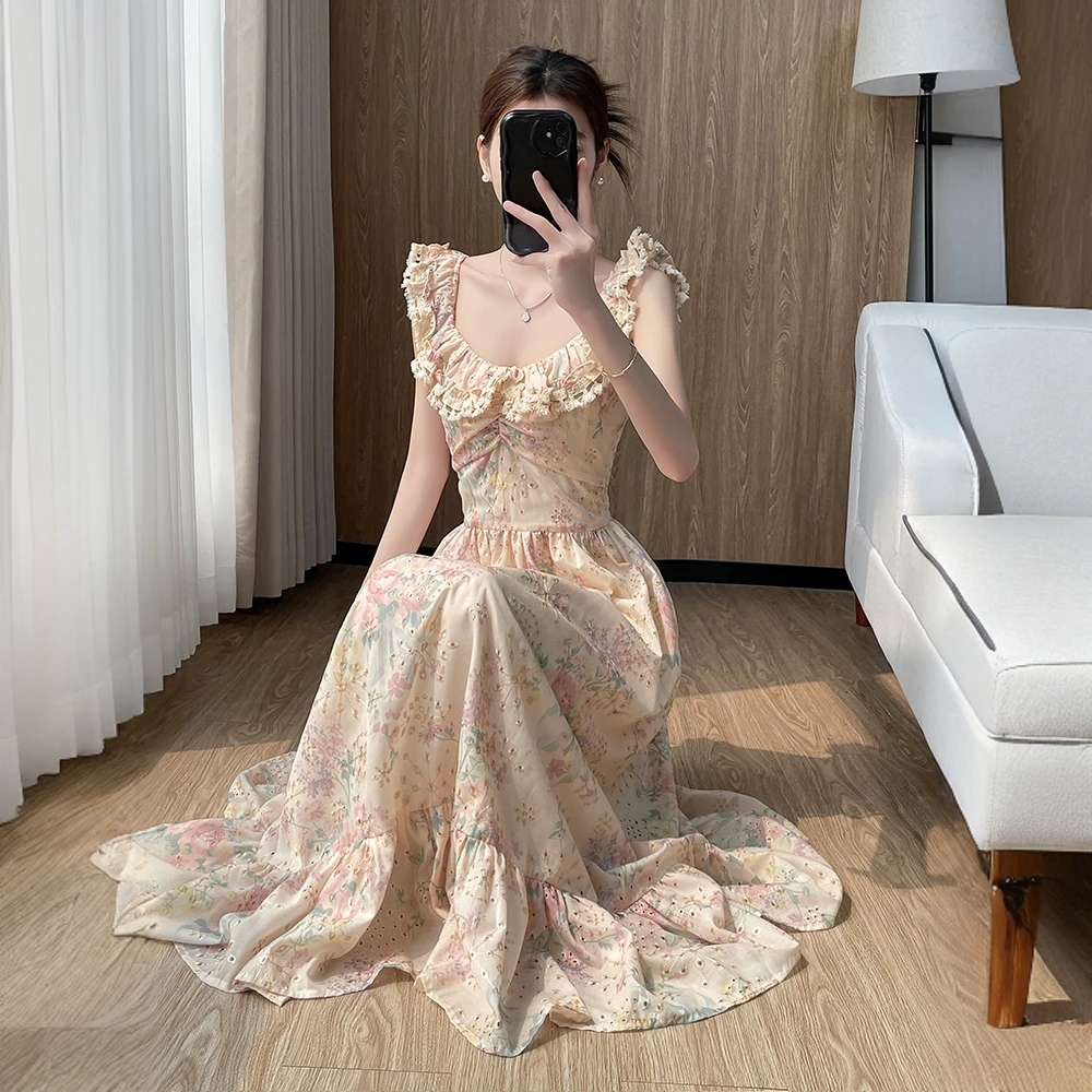 小个子小个子法式复古宫廷高级感碎花收腰连衣裙女夏季新款花边领