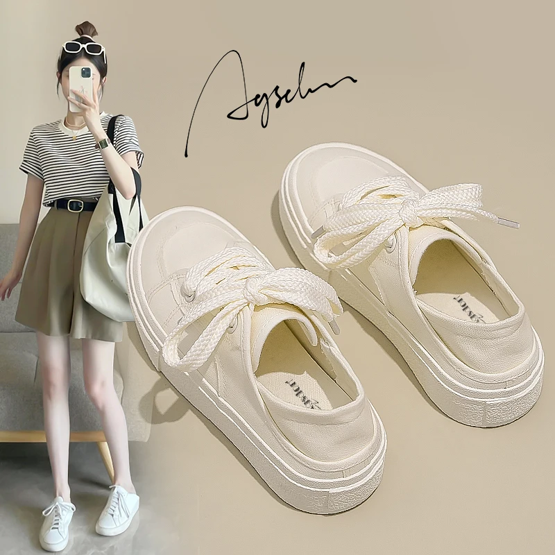 Y奥古狮登平底帆布鞋女2025夏季薄款百搭小白鞋两穿一脚蹬休闲鞋Y