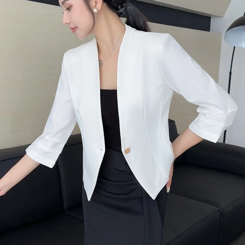 百花果2025新款西装外套女设计感大码推推袖休闲西服七分袖上衣