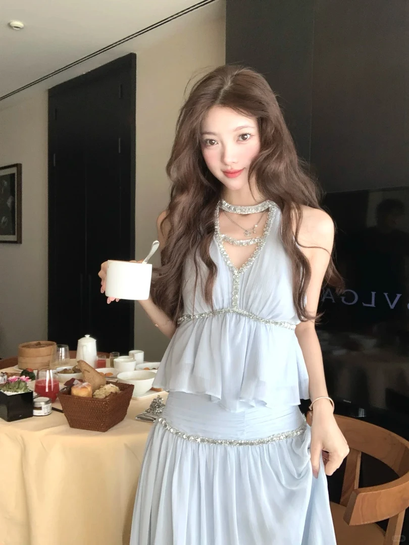 碎糖甜心 法式时尚设计感修身精致亮片碎钻上衣高腰显瘦半裙套装