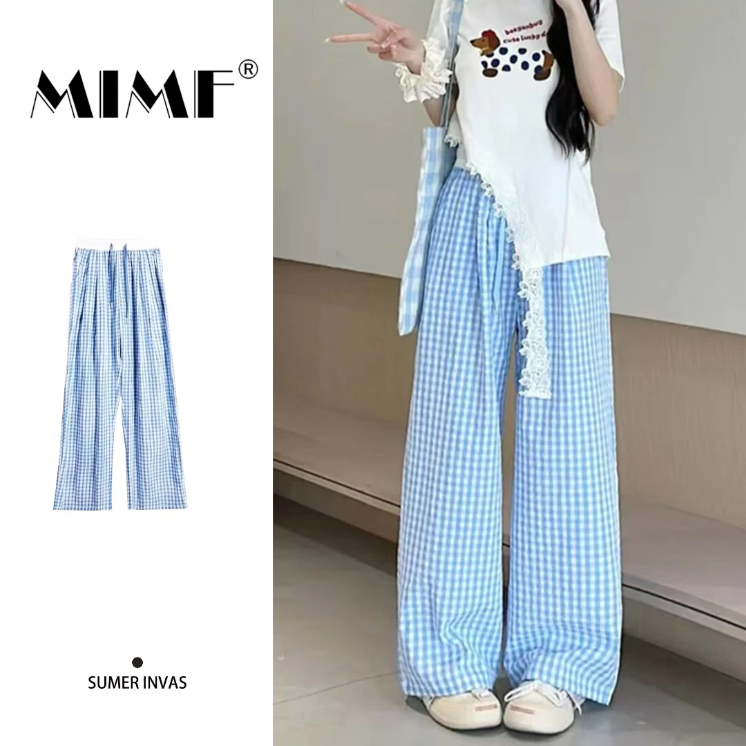 mnmf春夏季休闲装高腰宽松格子裤大码阔腿裤子显身材时尚长裤S5
