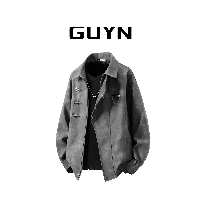 【品牌正品现货】GUYN黑灰色翻领夹克男春秋新款美式高街飞行员外套