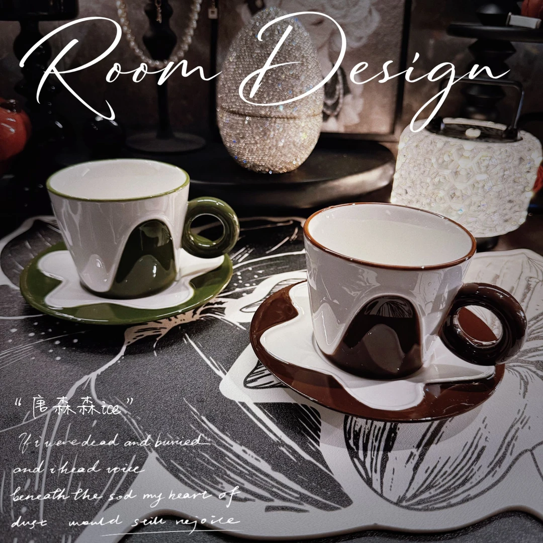 【唐森森设计】高颜值黑白波浪纹陶瓷咖啡杯蝶套装釉下彩工艺马克杯