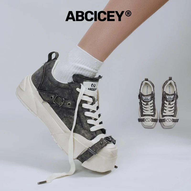 ABCICEY【引力系列灰】帆布鞋水洗灰绑带鞋低帮厚底鞋增高秋季新品
