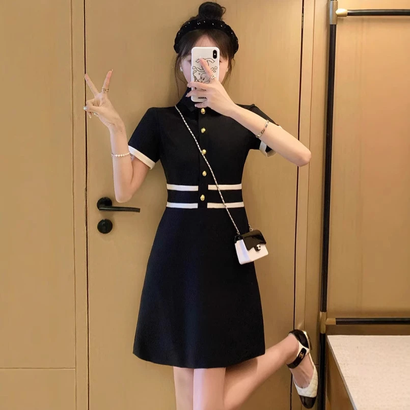 POLO领夏装小个子女装冰丝针织连衣裙女夏装小香风短袖A字小黑裙