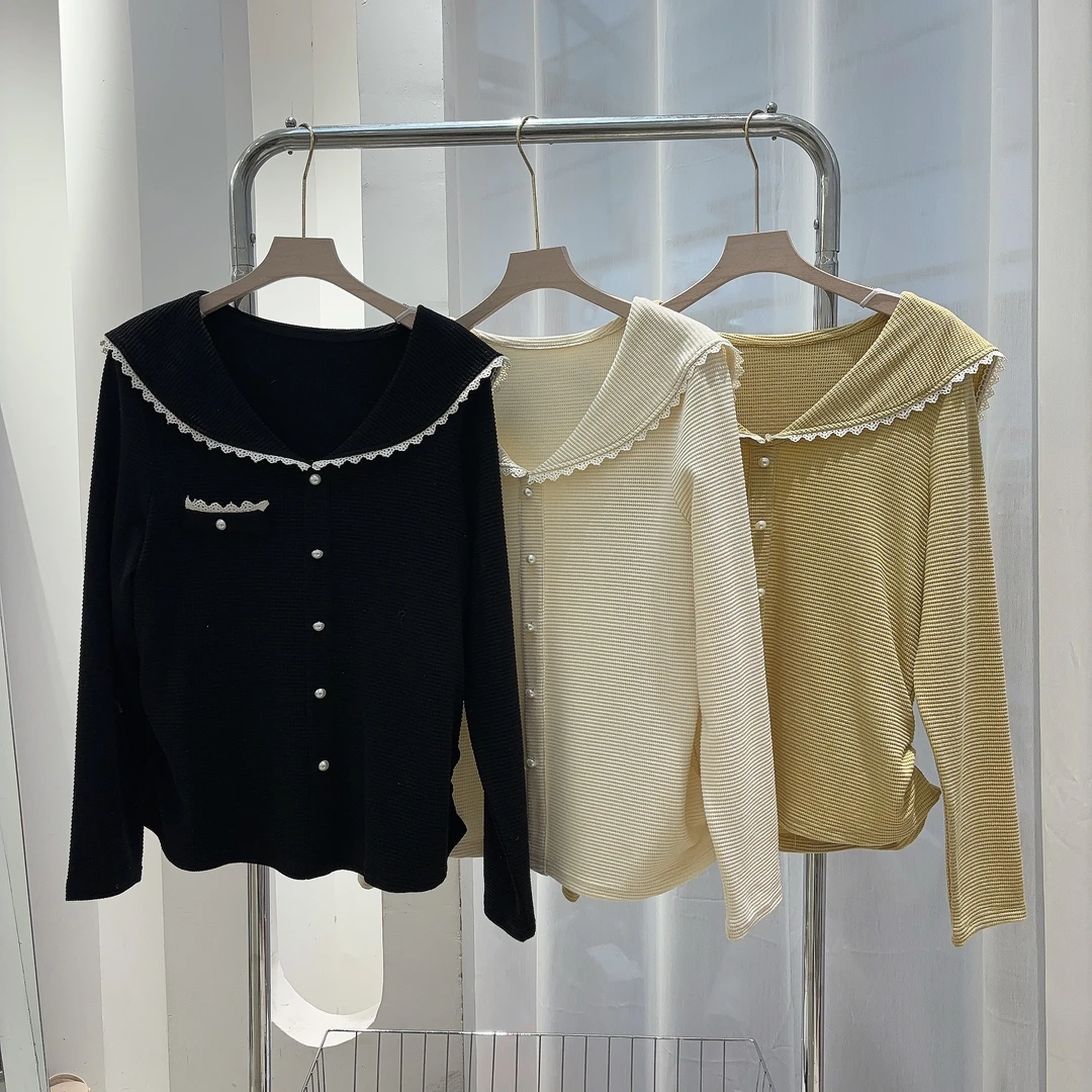 TU姐 春季大码新款华夫格显瘦上衣法式娃娃领海军领正肩体恤长袖