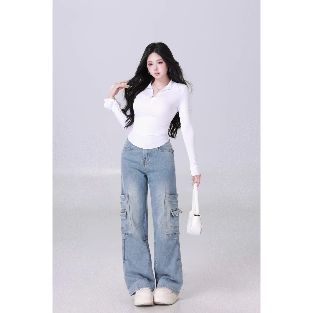 现MengFairy【女团松弛感裤】高腰显瘦休闲感阔腿牛仔裤4949M欧若风