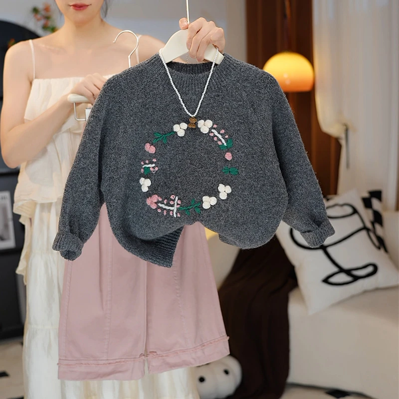 秋季新款儿童洋气钩花套头针织衫中大童长袖毛衣MZD240-dashu