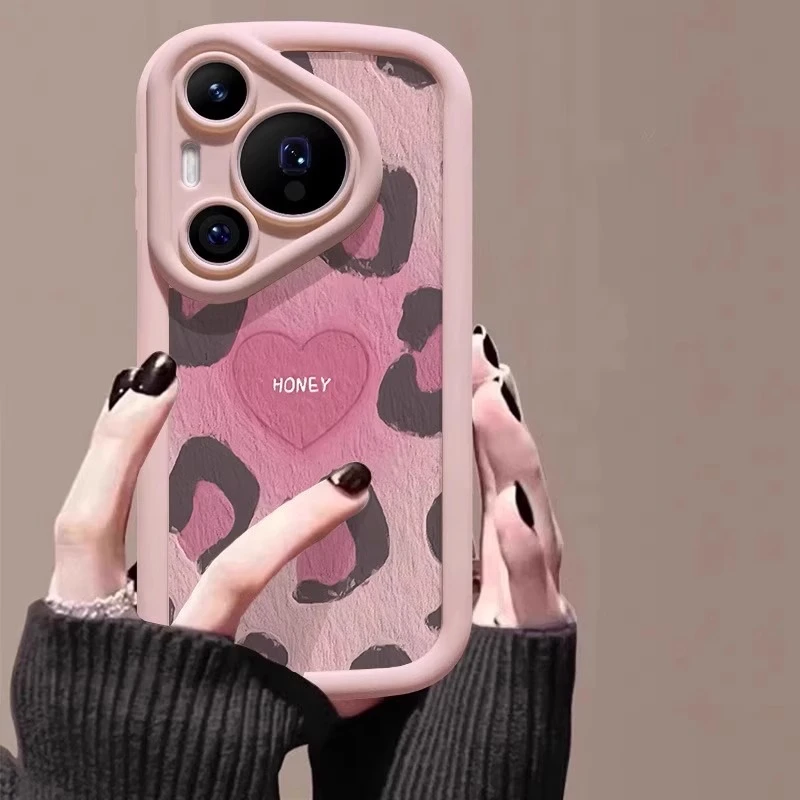 粉色豹纹爱心适用华为pura80手机壳软硅胶p80pro泡芙壳P80镜头全
