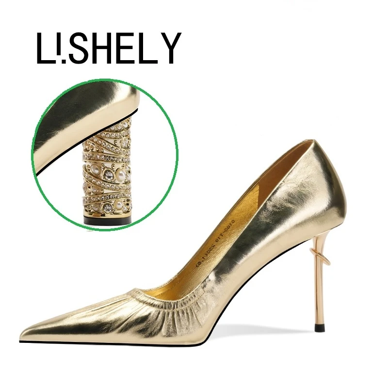 1186[金典卢浮]8cm法式浅口高跟鞋金属女士气质金色百搭尖头轻奢