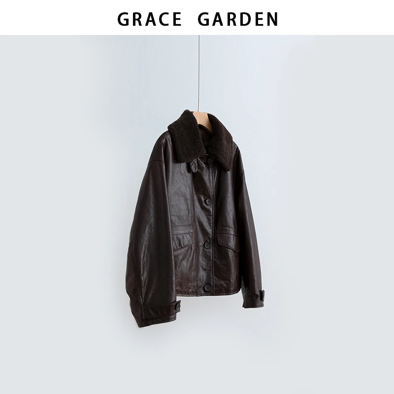 GRACE GARDEN【皮羽绒！】油蜡皮可拆卸毛领皮衣羽绒服YRF5L0404