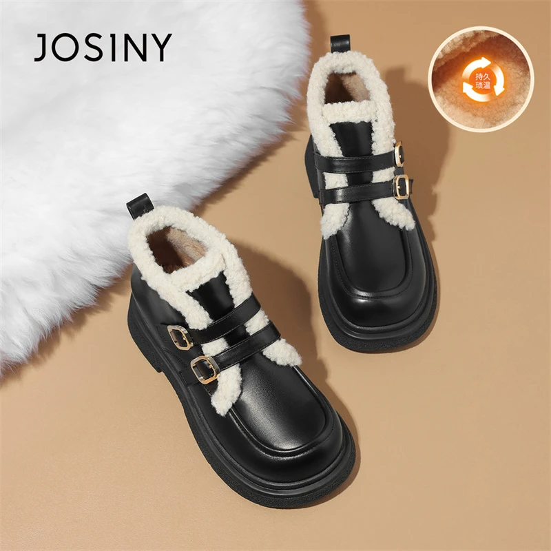卓诗尼靴子女短靴2025新款冬款加绒乐福鞋毛毛棉鞋皮毛一体雪地靴