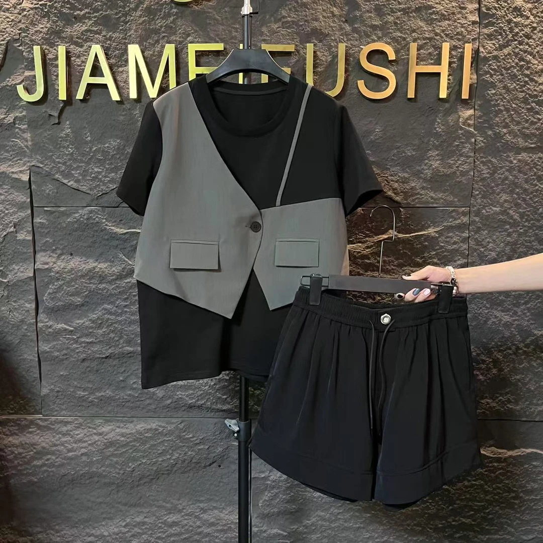 新款现货夏季韩版假两件拼接休闲套装1184-2
