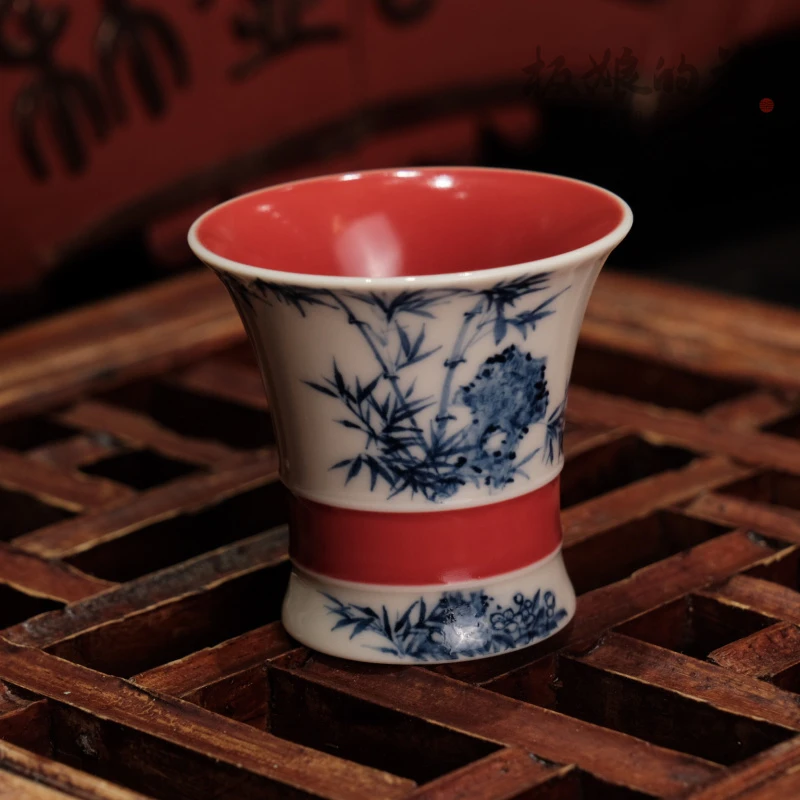 板娘的茶 焱谷釉下青花宫墙红竹子单杯35ml