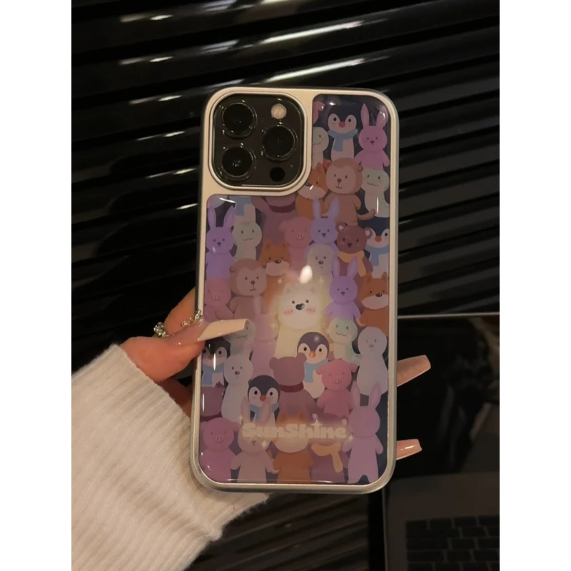 适用苹果16pro手机壳电镀相框大孔iPhone15玩偶群里的小狗华为p70