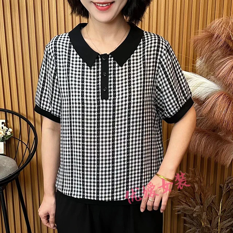 洋气妈妈装夏季新款时尚翻领格子休闲宽松显瘦中老年女装短袖小衫