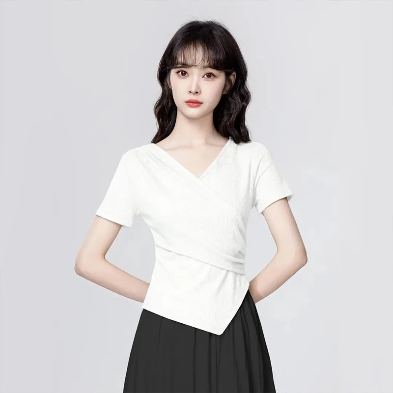 不规则显瘦v领t恤夏季气质白色设计感修身时尚百搭小众纯色上衣女