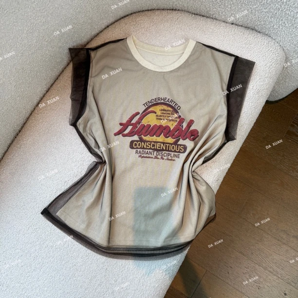 /D.X/2025夏款『星落』设计感网纱假两件字母印花圆领T恤/DL32189