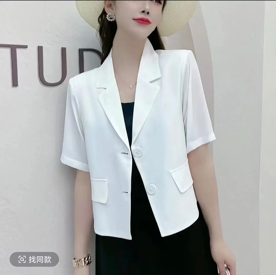 2529-YLY夏季短袖修身气质韩版女装短款西装领宽松衬衫七分袖