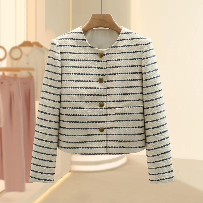 【Fy】蓝色条纹宽松圆领时尚外套2025春季新款专柜撤柜品牌女装
