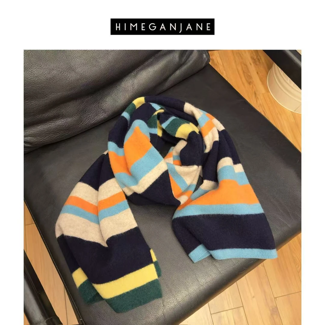 HIMEGANJANE 复古彩色条纹 绒毛感100%羊毛针织围巾6255