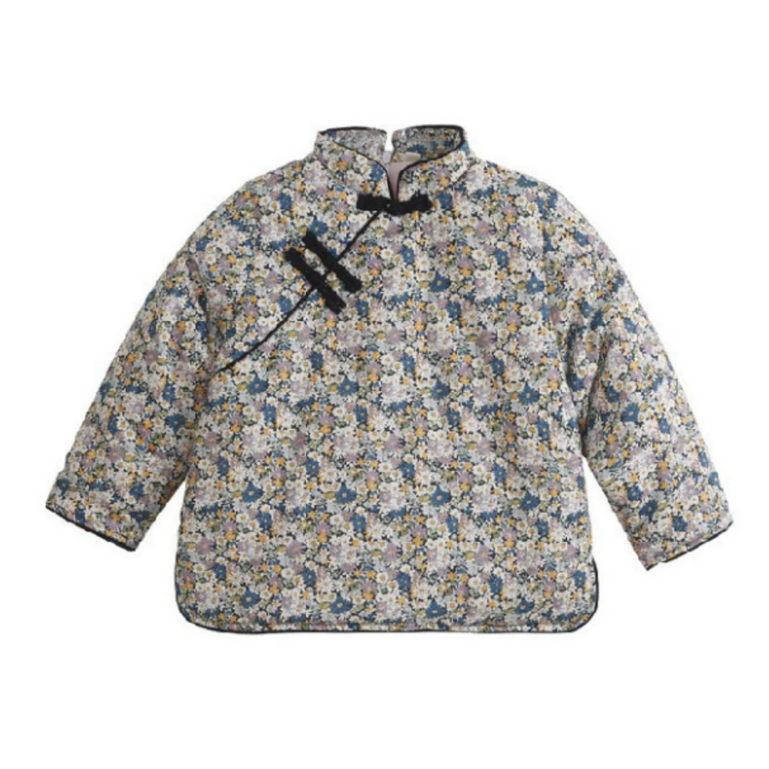 女童手工棉花棉袄冬季加厚保暖中式碎花冬款复古斜襟棉衣