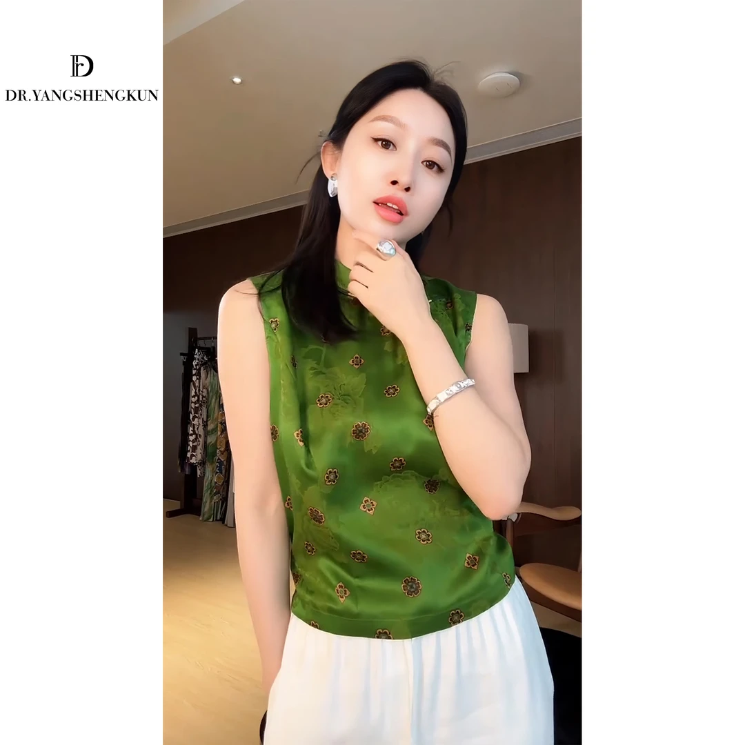 杨圣坤夏季禅意气质款女装桑蚕丝提花立领盘扣无袖马甲L2552214