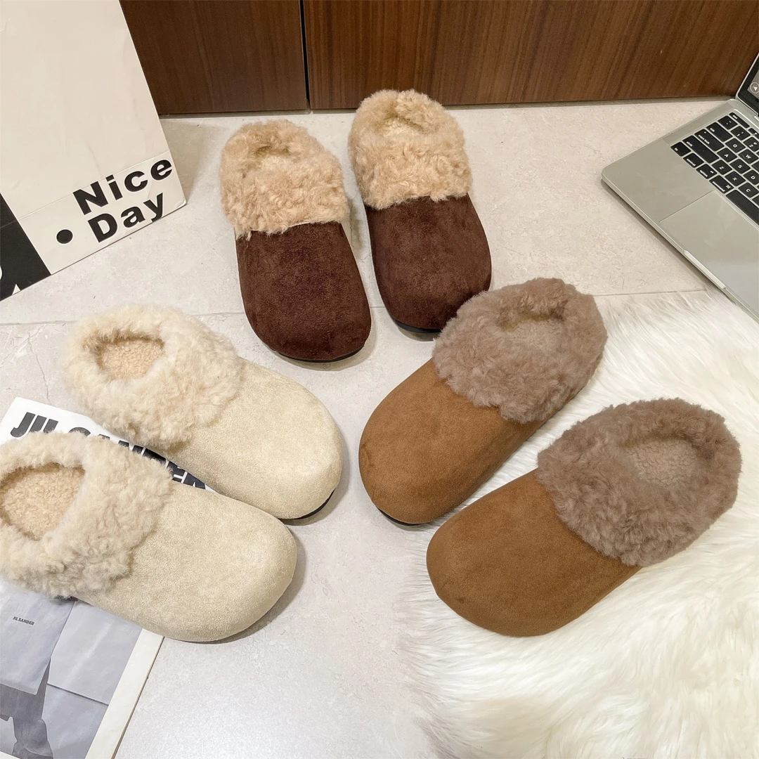 加绒勃肯鞋包头半拖鞋女冬外穿2025新款孕妇防滑保暖毛毛雪地棉鞋