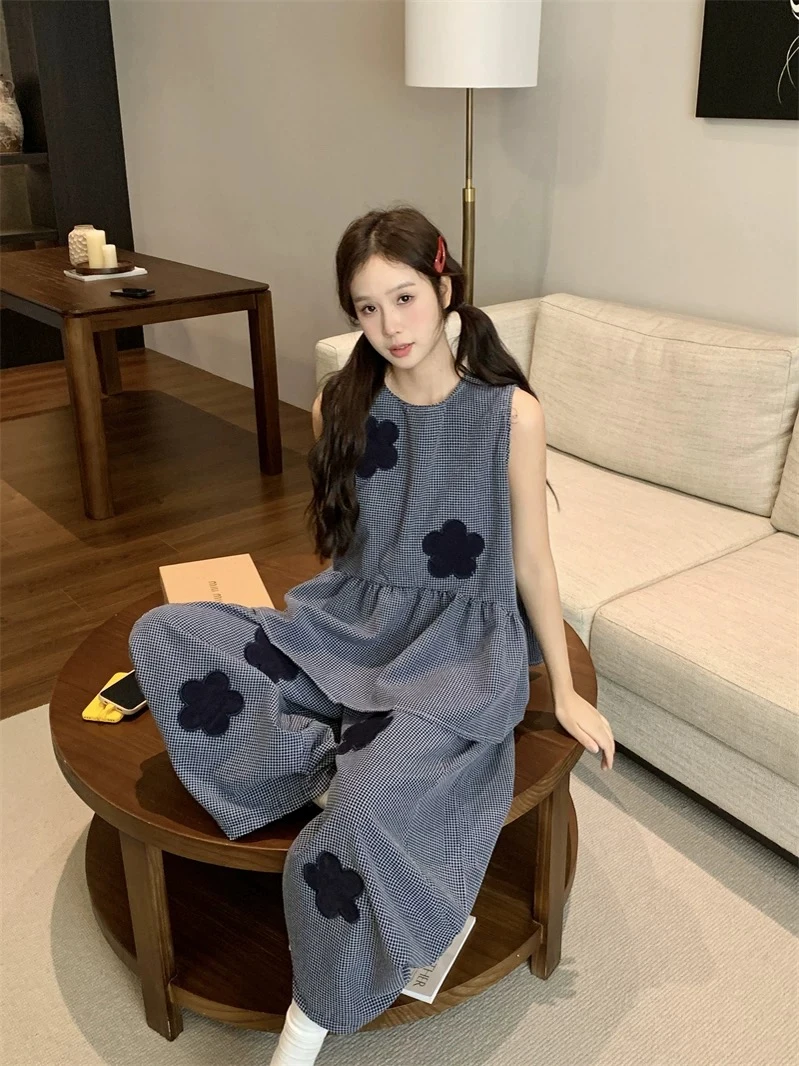 韩系泡泡纱外出穿太阳花短袖格子两件套套装YZLPP0328