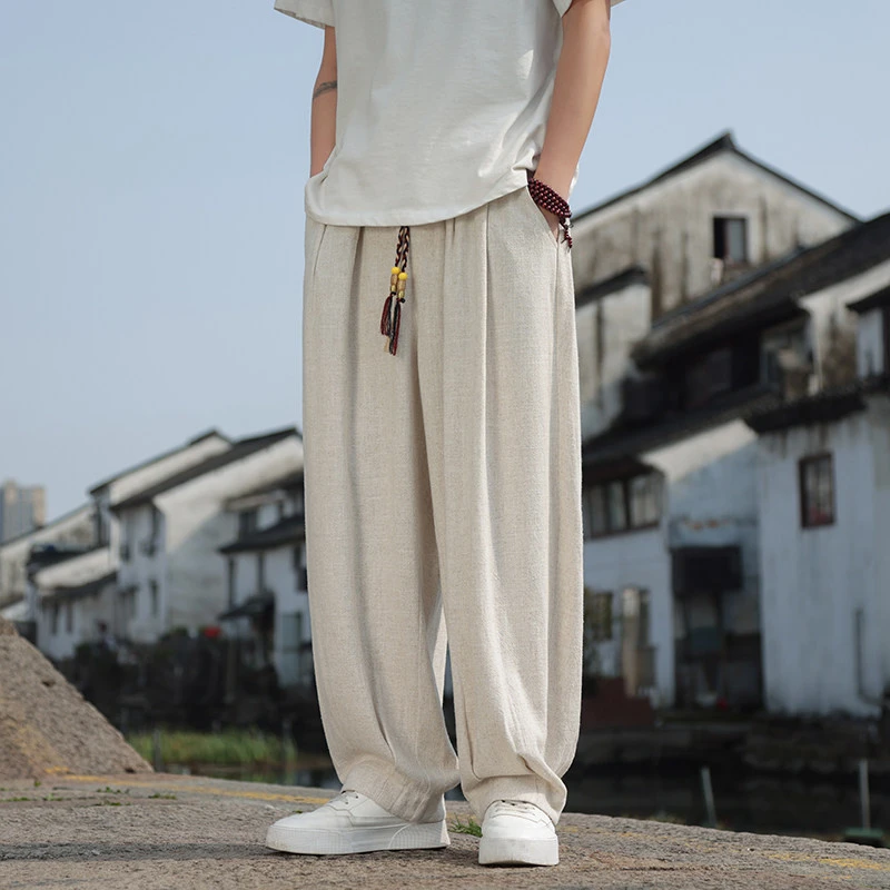 中国风休闲长裤男夏季潮流纯色宽松大码百搭帅气阔腿垂感直筒裤子